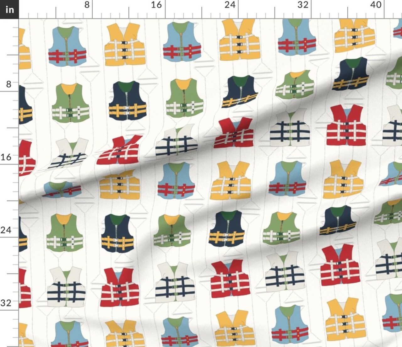 Water Sports Boating Life Jacket Vest Americana Lake House Cabincore Vacation Nautical Coastal Ocean Beach Colorful Traditional Red Blue Yellow Custom Printed Fabric by Spoonflower Various Fabrics by the Yard or Fat Quarter